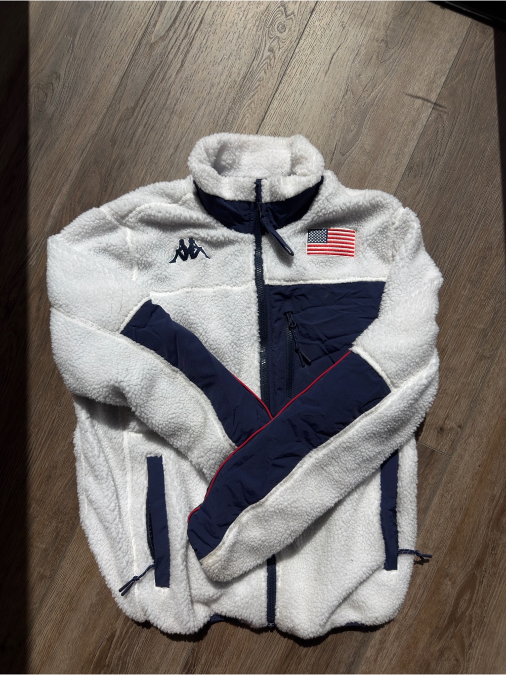 Team USA Olympic Kappa White Sherpa Jacket with Navy Accents and Red Piping
